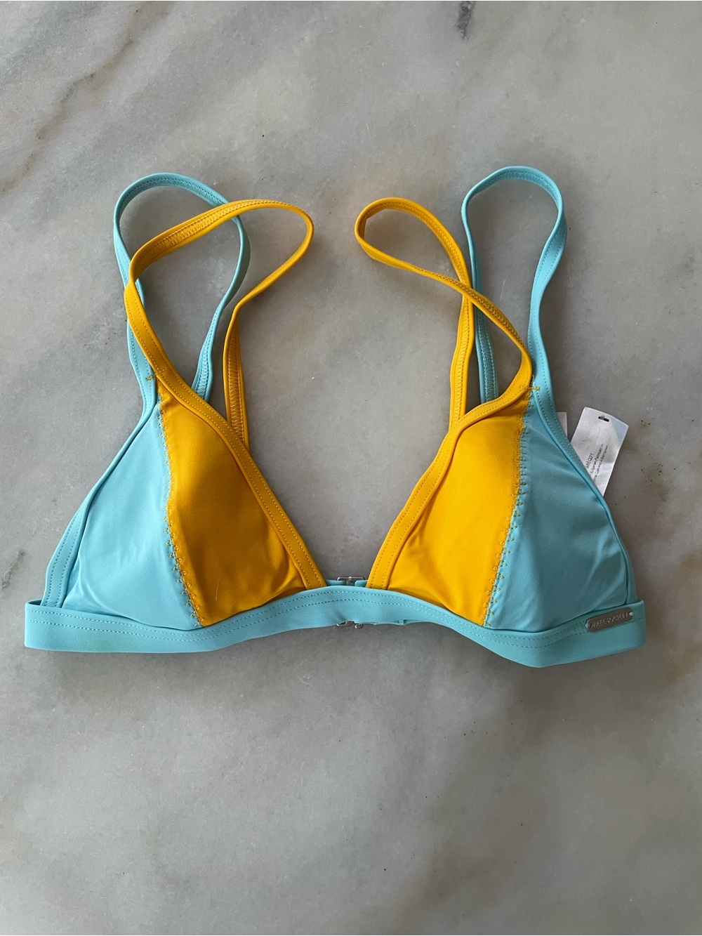 Free Society Colorblock Triangle Bikini Top in Yellow & Light Blue size S